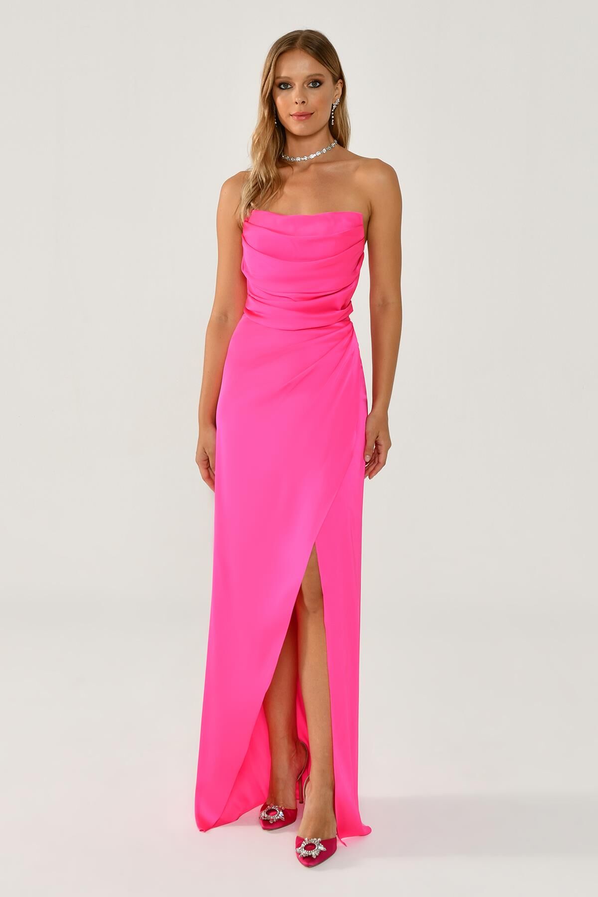 Straplez Saten Uzun Elbise AÇIK FUŞYA - 36