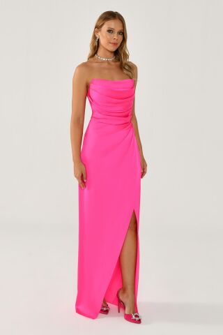 Straplez Saten Uzun Elbise AÇIK FUŞYA - 36