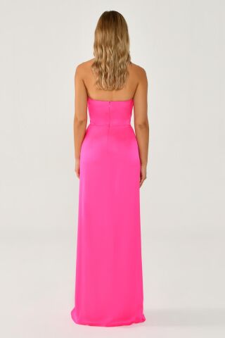 Straplez Saten Uzun Elbise AÇIK FUŞYA - 36