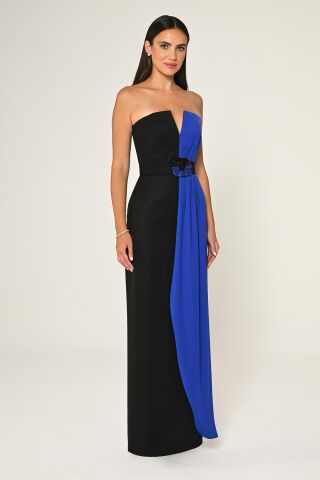 Straplez Beli İşlemeli Kemer Krep Uzun Elbise SİYAH / SAKS - 38