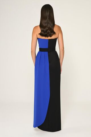 Straplez Beli İşlemeli Kemer Krep Uzun Elbise SİYAH / SAKS - 38