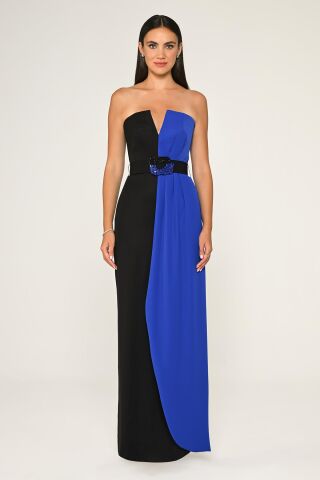 Straplez Beli İşlemeli Kemer Krep Uzun Elbise SİYAH / SAKS - 38