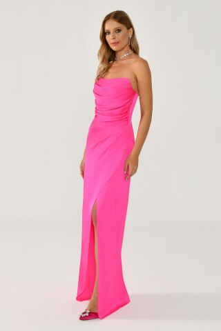 Straplez Saten Uzun Elbise AÇIK FUŞYA - 38