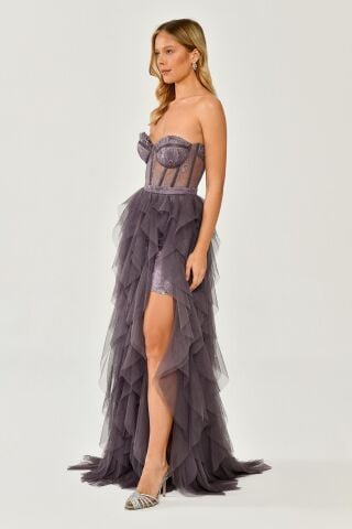 Straplez Yırtmaçlı Katlı Tül Elbise Koyu Lila - 44