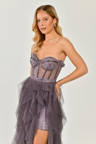 Straplez Yırtmaçlı Katlı Tül Elbise Koyu Lila - 44