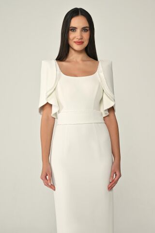 Dökümlü Kol Şerit Taşlı Krep Uzun Elbise Beyaz - 38