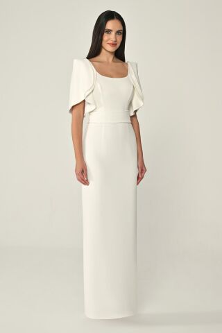 Dökümlü Kol Şerit Taşlı Krep Uzun Elbise Beyaz - 38