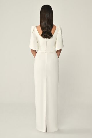 Dökümlü Kol Şerit Taşlı Krep Uzun Elbise Beyaz - 38