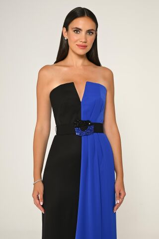 Straplez Beli İşlemeli Kemer Krep Uzun Elbise SİYAH / SAKS - 44