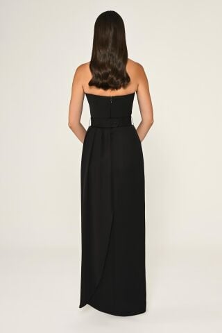 Straplez Beli İşlemeli Kemer Krep Uzun Elbise SİYAH / SİYAH - 36