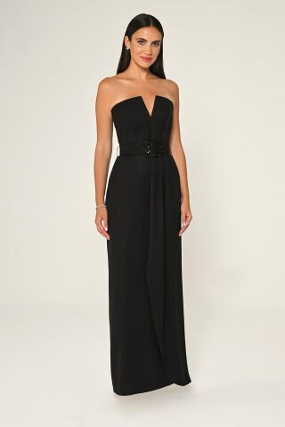 Straplez Beli İşlemeli Kemer Krep Uzun Elbise SİYAH / SİYAH - 42