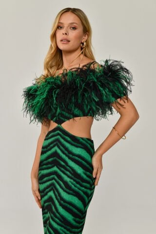 Düşük Otrişli Omuz Beli Pencere Detaylı Zebra Desen Uzun Elbise