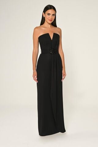 Straplez Beli İşlemeli Kemer Krep Uzun Elbise SİYAH / SİYAH - 44