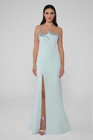 Straplez Yakası Taşlı Asimetrik Kesim Önden Yırtmaçlı Uzun Elbise AÇIK MAVİ - 44