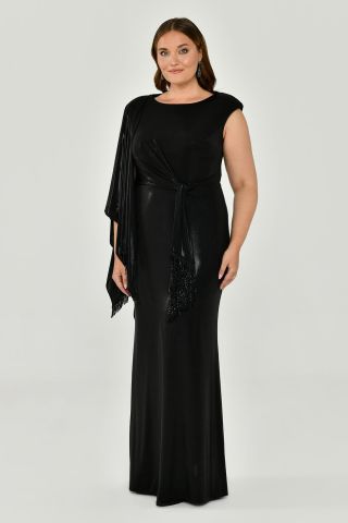 Tek Omuz Şallı Püskül Kuşaklı Parlak Kumaş Uzun Elbise Siyah - 46