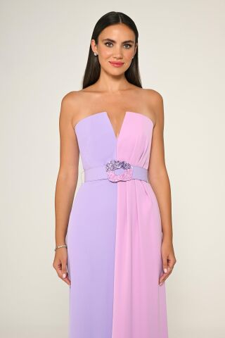 Straplez Beli İşlemeli Kemer Krep Uzun Elbise LİLA / PEMBE - 42