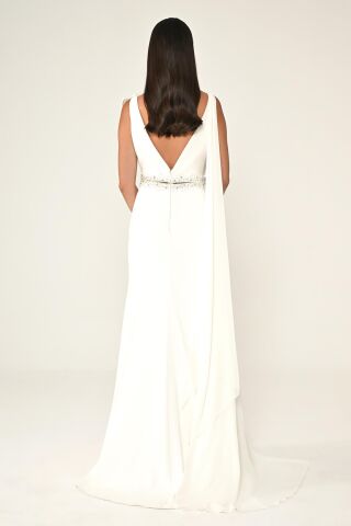 Çiçek ve Taş Aksesuarlı Yırtmaçlı Şallı Uzun Elbise Beyaz - 48