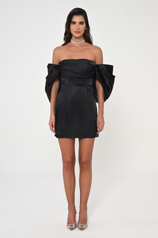 Düşük Balon Kol Straplez Kısa Saten Elbise Siyah - 40