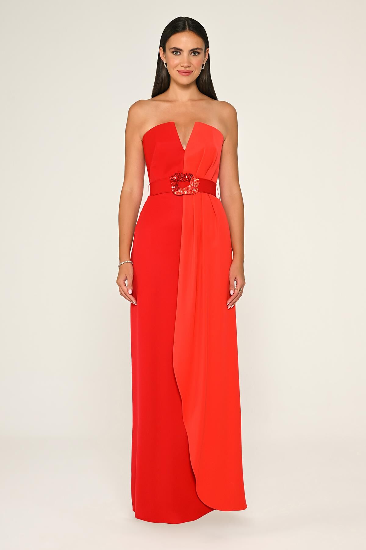 Straplez Beli İşlemeli Kemer Krep Uzun Elbise KIRMIZI / ORANGE - 38