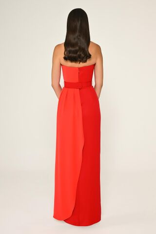 Straplez Beli İşlemeli Kemer Krep Uzun Elbise KIRMIZI / ORANGE - 40