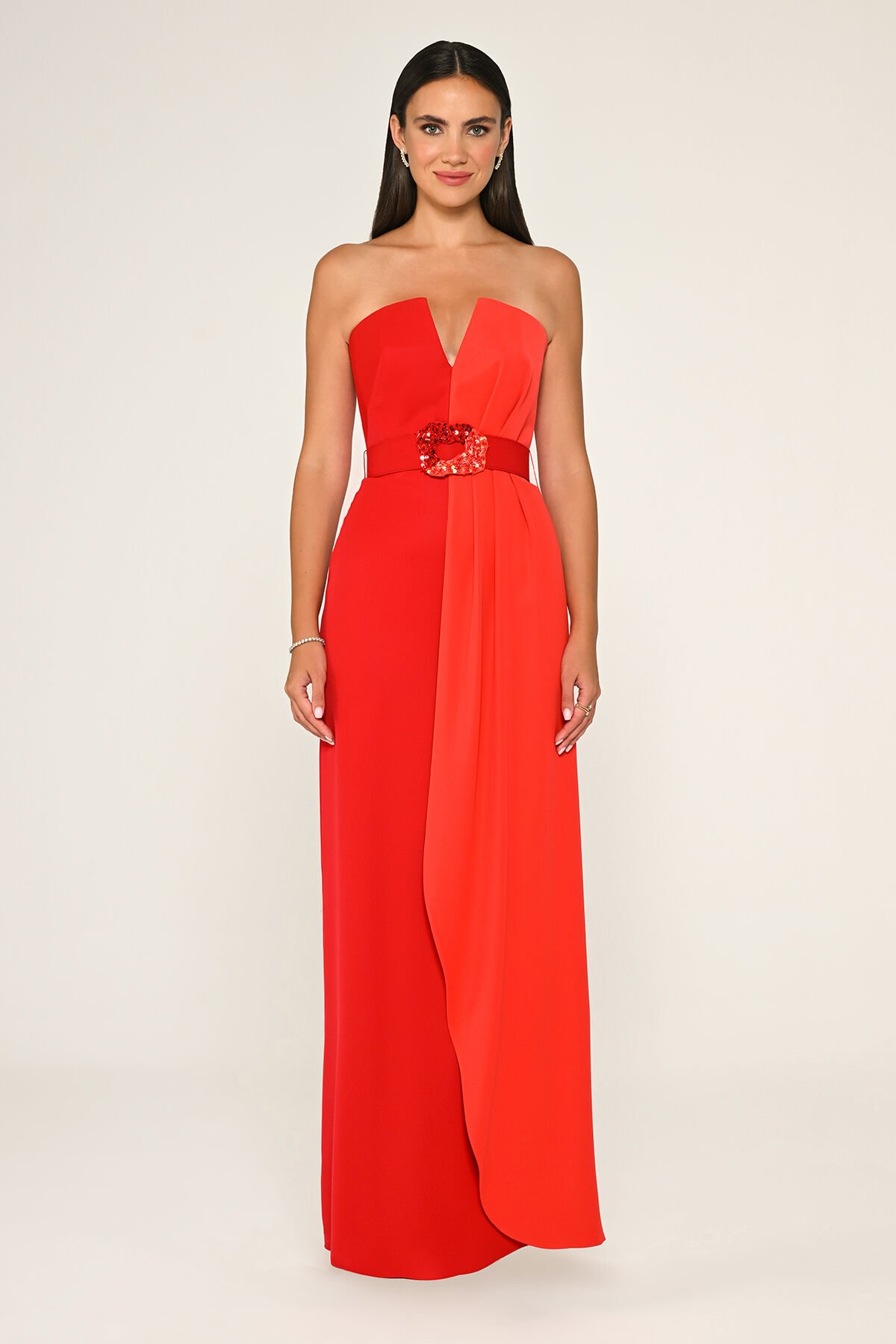 Straplez Beli İşlemeli Kemer Krep Uzun Elbise KIRMIZI / ORANGE - 42