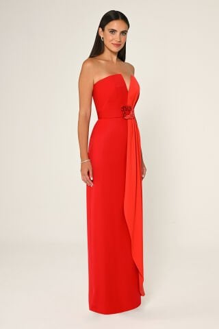 Straplez Beli İşlemeli Kemer Krep Uzun Elbise KIRMIZI / ORANGE - 42