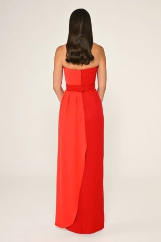 Straplez Beli İşlemeli Kemer Krep Uzun Elbise KIRMIZI / ORANGE - 42