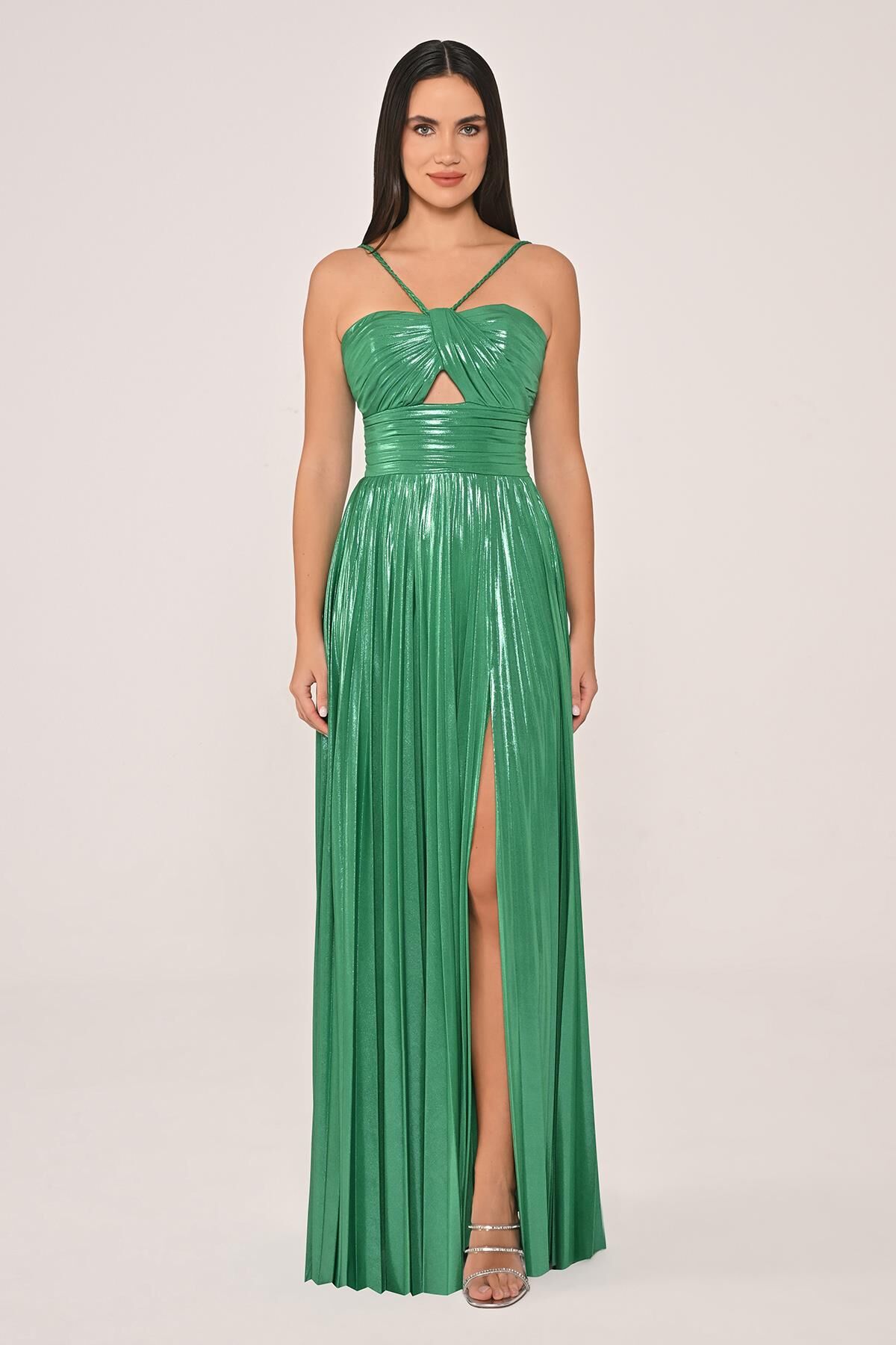 İp Askılı Önden Yırtmaçlı Parlak Şifon Uzun Elbise Yeşil - 36