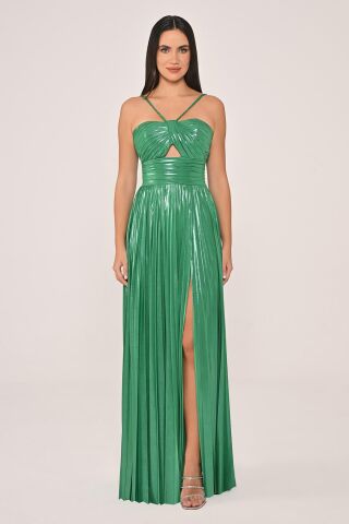 İp Askılı Önden Yırtmaçlı Parlak Şifon Uzun Elbise Yeşil - 36