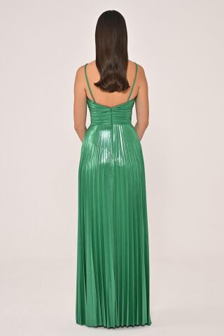 İp Askılı Önden Yırtmaçlı Parlak Şifon Uzun Elbise Yeşil - 36