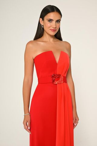 Straplez Beli İşlemeli Kemer Krep Uzun Elbise KIRMIZI / ORANGE - 44