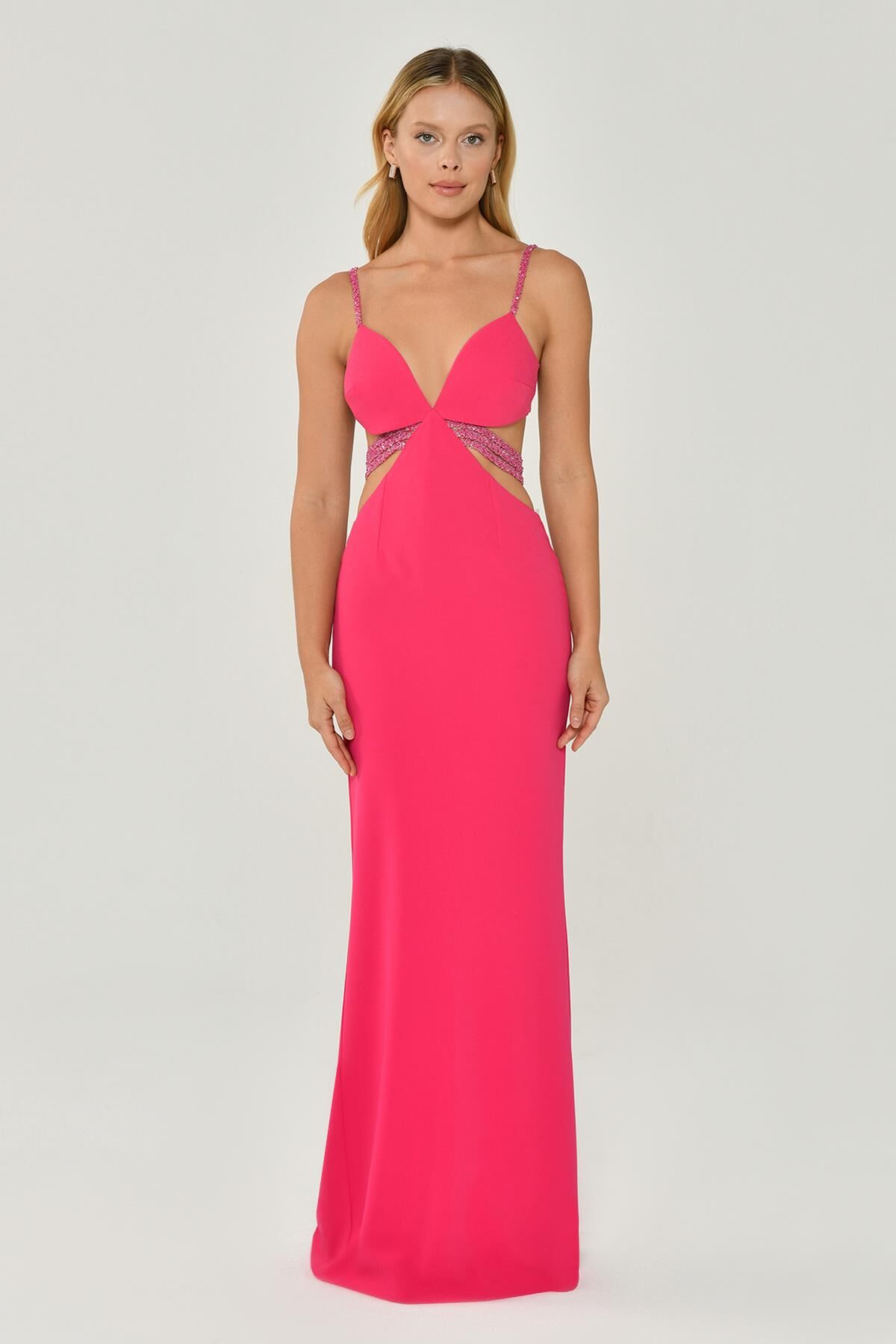 İp Askılı Dekolteli Krep Uzun Elbise AÇIK FUŞYA - 40