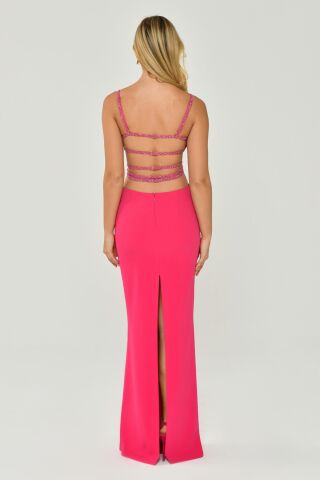 İp Askılı Dekolteli Krep Uzun Elbise AÇIK FUŞYA - 40