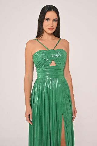 İp Askılı Önden Yırtmaçlı Parlak Şifon Uzun Elbise Yeşil - 38