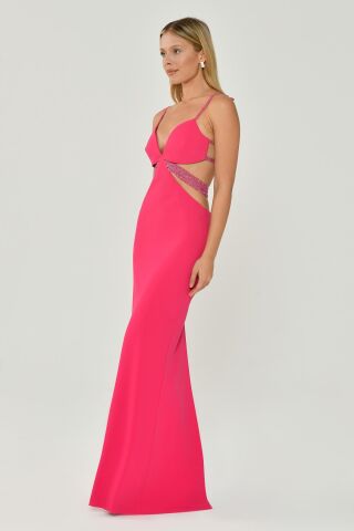 İp Askılı Dekolteli Krep Uzun Elbise AÇIK FUŞYA - 42
