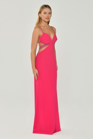 İp Askılı Dekolteli Krep Uzun Elbise AÇIK FUŞYA - 42