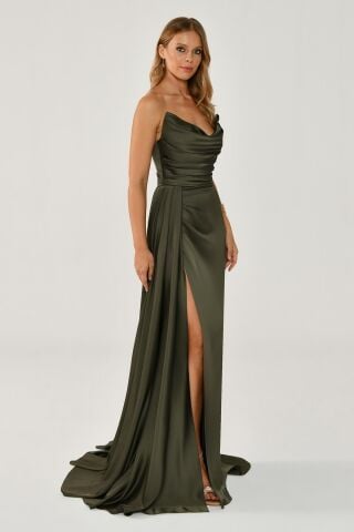 Kayık Yaka Yırtmaçlı Saten Elbise Nefti - 40