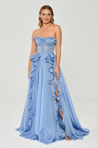 Straplez Fırfırlı Çift Yırtmaçlı Şifon Uzun Elbise MAVİ - 40