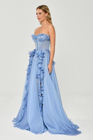 Straplez Fırfırlı Çift Yırtmaçlı Şifon Uzun Elbise MAVİ - 40