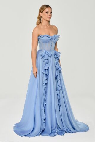 Straplez Fırfırlı Çift Yırtmaçlı Şifon Uzun Elbise MAVİ - 40