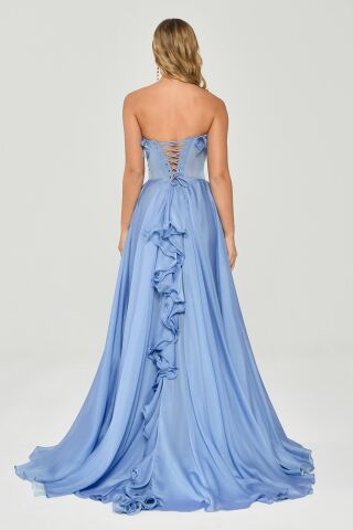 Straplez Fırfırlı Çift Yırtmaçlı Şifon Uzun Elbise MAVİ - 40