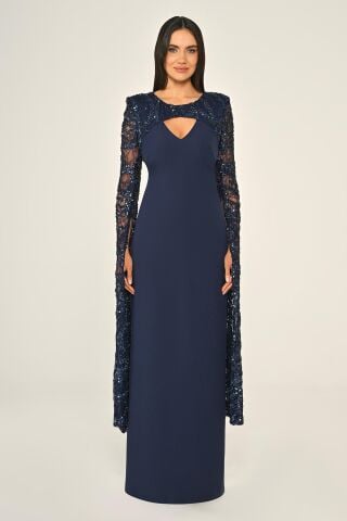 Boncuklu Payet Şal Kol Krep Uzun Elbise