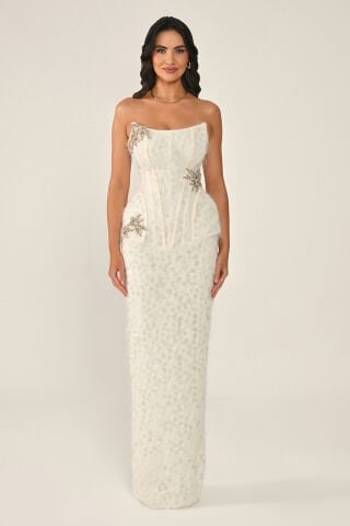 Straplez Taş Aksesuarlı Tüylü Payet Uzun Elbise