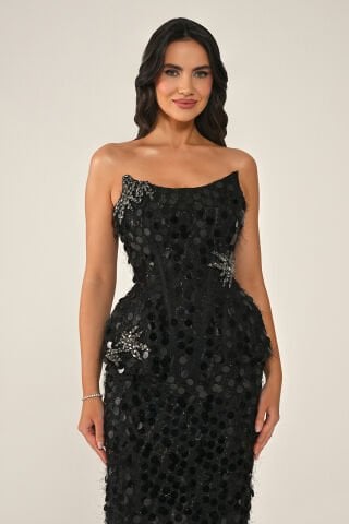 Straplez Taş Aksesuarlı Tüylü Payet Uzun Elbise