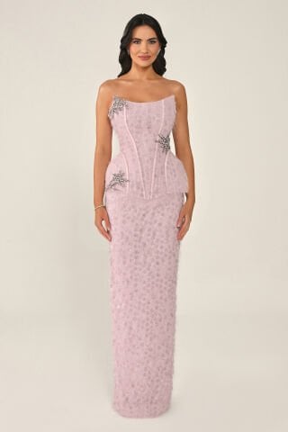 Straplez Taş Aksesuarlı Tüylü Payet Uzun Elbise