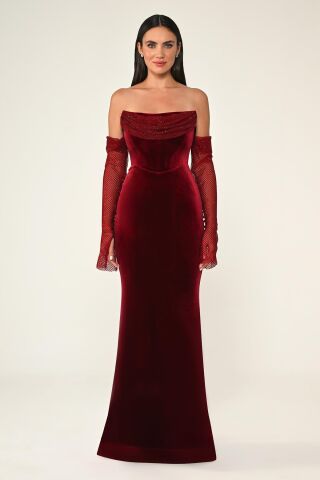 Taşlı File Kollu Balık Kesim Kadife Uzun Elbise Bordo - 44