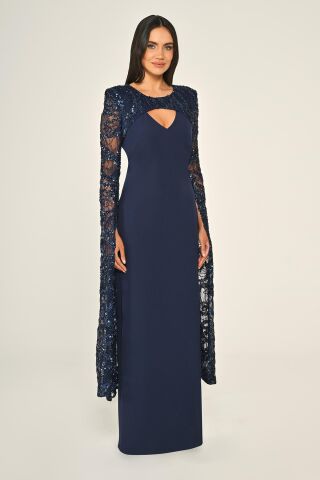 Boncuklu Payet Şal Kol Krep Uzun Elbise Lacivert - 42