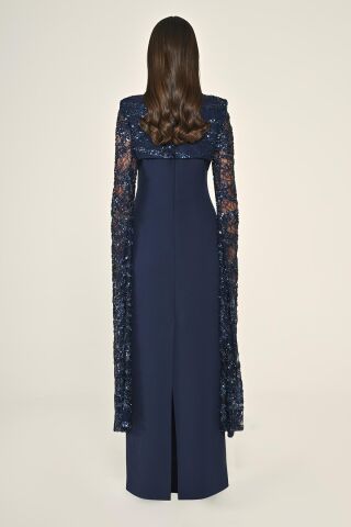 Boncuklu Payet Şal Kol Krep Uzun Elbise Lacivert - 42