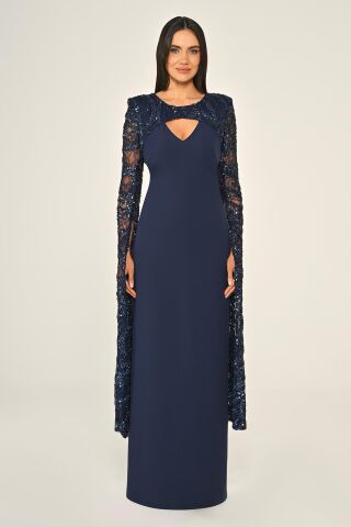 Boncuklu Payet Şal Kol Krep Uzun Elbise Lacivert - 46