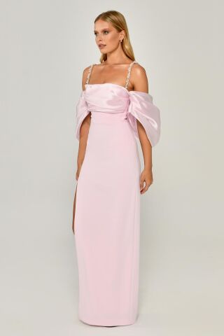 Askılı Düşük Balon Kol Yırtmaçlı Uzun Elbise Pembe - 38